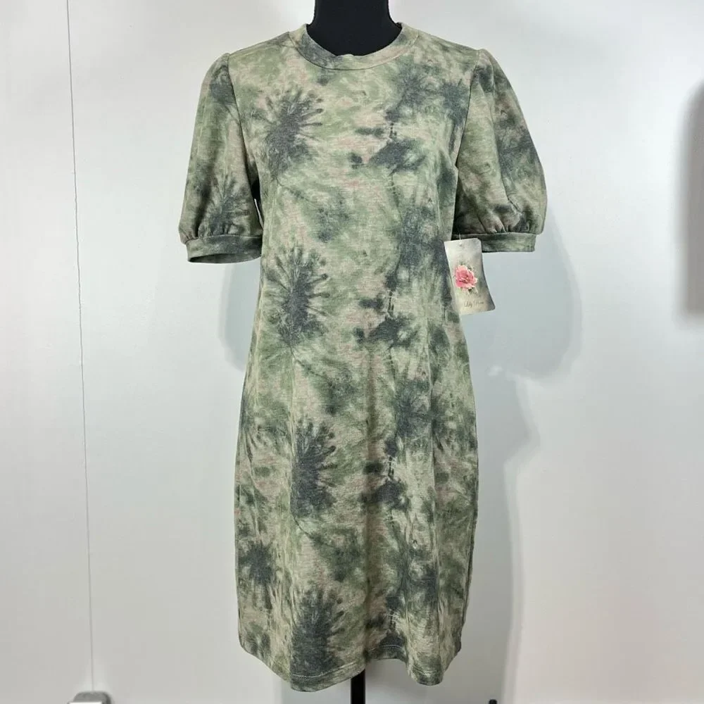 New Lily Rose Tie-Dye Mini to Knee Length Shirt Dress Sz L Women’s Green w Pink - Picture 1 of 9